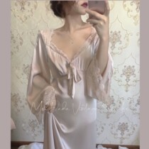 French Palace wind nightgown open deep V satin dress lace princess over knee long sleep home clothes