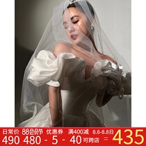 One-shouldered light main wedding dress bride 2021 new temperament trailing French simple gauze summer satin