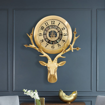 Pure brass European style deer head clock decorative wall clock atmospheric fashion living room light luxury modern home creative hanging watch