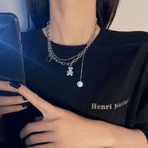 Double bear necklace female summer sterling silver niche design smiley face choker 2021 New sweater chain accessories