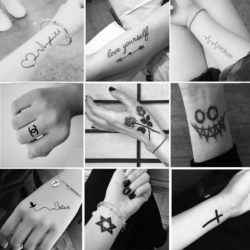 Tattoo stickers with English letters, electrocardiogram for men and women, waterproof, long-lasting, fresh personality, and simulated couple social tattoo stickers