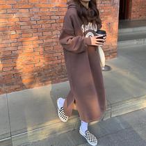 Skirt 2021 new autumn and winter Korean loose plus velvet thickening over-the-knee long hooded sweater dress female