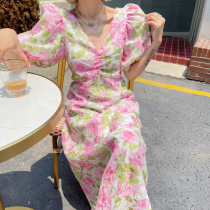 Waist dress 2021 new summer fresh skirt holiday style floral romantic craft beach skirt round neck