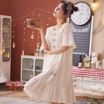 Nightdress womens summer short-sleeved cotton Korean cute sweet pajamas ladies casual dress can wear home clothes
