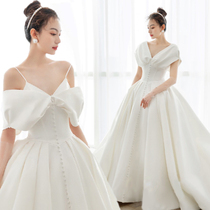 French satin wedding dress 2021 new high-end simple atmospheric retro small man two wear suspenders Hepburn wedding dress