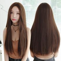 Korean version of net red wig women's long hair straight hair with no bangs invisible realistic chemical fiber headgear wholesale