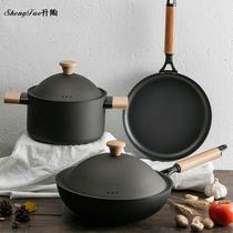 Korean all black iron pot kitchenware set three-piece set non-stick pan frying pan pan soup cooker induction cooker