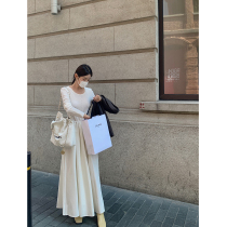 TANGBV Goddess Temperament New long-sleeved shirt pressed pleated dress High-grade apricot A-line long skirt woman