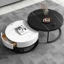 Light Lavish Rockboard Tea Table Tempered Glass Round Tea Table Combined Living Room Small Family Type Brief Metal Individuality Minimalist Round Table