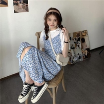 One-piece two-piece set Foreign style age-reducing short-sleeved T-shirt Blue floral sundress Student fashion small fresh suit summer