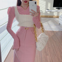 2021 autumn and winter New Korean fashion twist lace suspenders knitted base shirt woolen skirt set women