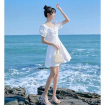 2021 summer new fairy short-sleeved sweet design niche dress white high-waisted waist thin skirt