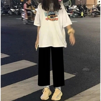 Summer casual suit Female student Korean loose thin short-sleeved T-shirt black wide-legged pants fashion two-piece suit
