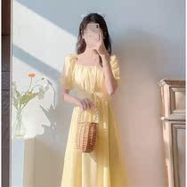 Girl first love Platycodon grandiflorum skirt 2021 summer new French waist gentle sweet yellow dress female Summer (5