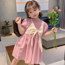 Girls Korean version dress 2021 summer new baby vintage foreign air short sleeve skirt childrens fashion fake two pieces