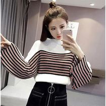 2020 autumn and winter new half-turtleneck striped sweater female students college style loose Joker color matching knitted top tide