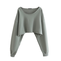  Crimped long-sleeved short sweater female Korean stars with the same trendy fashion all-match loose thin umbilical T-shirt top