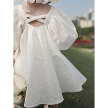 Girls Dress 2021 New Summer Fang Bubble Sleeve Sweet Skirt Female Baby Square Collar Breathable Princess Dress