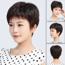 Summer thin wig womens short hair fluffy breathable real hair full head cover Mother temperament age reduction short straight hair bald head cover