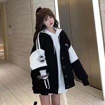 Baseball uniform female loose Korean students plus velvet thickened College Style fashion cardigan long thin coat women tide