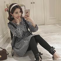Pregnancy Woman Dress 2022 Spring New Fashion Mid-Length Cotton Linen Plaid Shirt Splicing Long-sleeved Pregnant Woman With Dress Damp