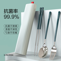 Stainless steel chopsticks spoon set portable tableware single-loaded student office worker storage box fork three-piece set
