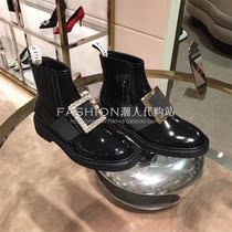 rv rhinestone square buckle patent leather boots Tang Yan Ouyang Nana same womens boots British rough heel leather Martin boots