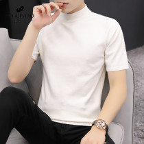 Half high collar short sleeve mens knitwear spring and autumn Korean trend Joker solid color base shirt interior half sleeve top