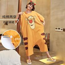 Cartoon short sleeve nightgown female summer long knee loose fat mm large size pajamas cute student conjoined pregnant woman skirt