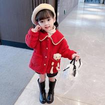 Girls 2021 autumn and winter New Fashion Korean version pocket bear fur sweater foreign gas small children thick early winter coat