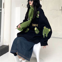 2021 Spring Frog Sweater Round tie Scarf Loose oversize Vintage Tide Loose Slim Top Women