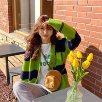 Korean green wide striped knitted jacket female Chic color color v-collar Joker casual temperament short sweater cardigan