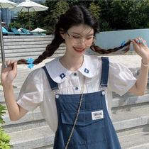 Summer 2021 New set female students Korean version of loose embroidered shirt casual strap shorts two-piece tide