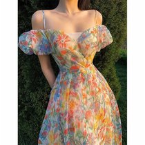 2021 summer new French temperament gentle wind mid-length dress word shoulder bubble sleeve floral suspender dress