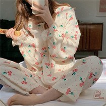 2021 autumn new cotton linen pajamas female sweet cherry Korean thin long sleeve set home clothes
