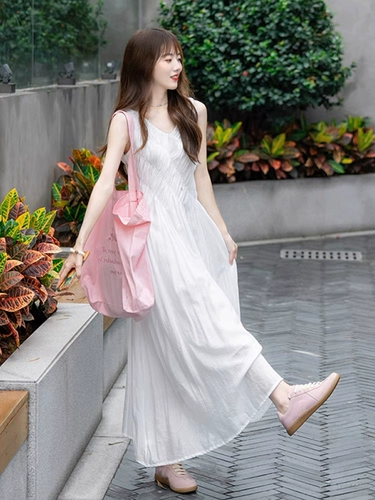 Белое шифоновое летнее платье, корсет без рукавов, длинная юбка, по фигуре, французский стиль