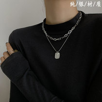 Double layer stacked sterling silver necklace Mens and womens fashion personality letter square brand pendant Sweater chain necklace Hip hop clavicle set chain