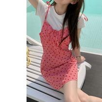 2021 summer sling dress female pink age Love check bow tie strap hot girl skirt children