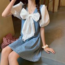 Denim stitching bubble sleeve dress female 2021 new summer dress bow sweet two wear skirt age skirt