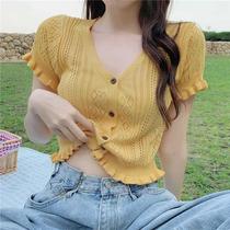 Summer Korean style chic hollow hollow V neck navel short top slim wooden ear short sleeve sweater