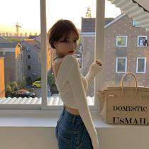 Back cross backless T-shirt female 2021 new autumn solid color slim care machine Joker long sleeve bottoming top