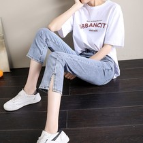 Small split jeans womens seven-point straight pants summer thin loose high waist thin student nine-point smoke pipe pants