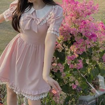  Summer Japanese cute doll collar bow waist short-sleeved dress Pink lace princess short skirt small man