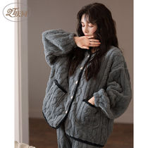 Coral velvet pajamas womens coat single winter sexy plus velvet thickened home clothes small fragrant Wind Autumn suit warm winter