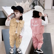 Girl autumn suit 2021 new fashionable tooling vest three-piece set of foreign-style children female baby spring and autumn