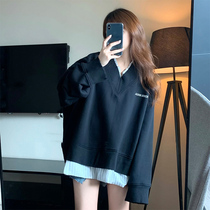 V Collar Clothing Womens Spring Autumn Season Loose Thin Chic Harbor Wind Plus Suede Thickened Design Sensation small crowdsourced fake two blouses