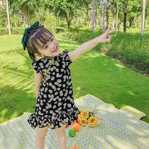 2021 summer new girls ruffle princess dress childrens foreign style quick-drying flying sleeve dress child floral skirt