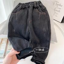 2022 new boy plus velvet pants child one velvet baby pant pant baby thick childrens stretch jeans tide