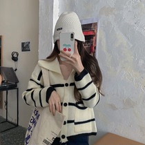 Autumn and winter 2021 new lazy style loose Korean version of the outer wear striped lapel sweater womens knitted cardigan jacket