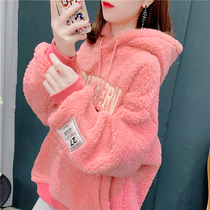 Tide brand lamb wool plus velvet hooded sweater women 2021 New loose foreign style embroidery design style top